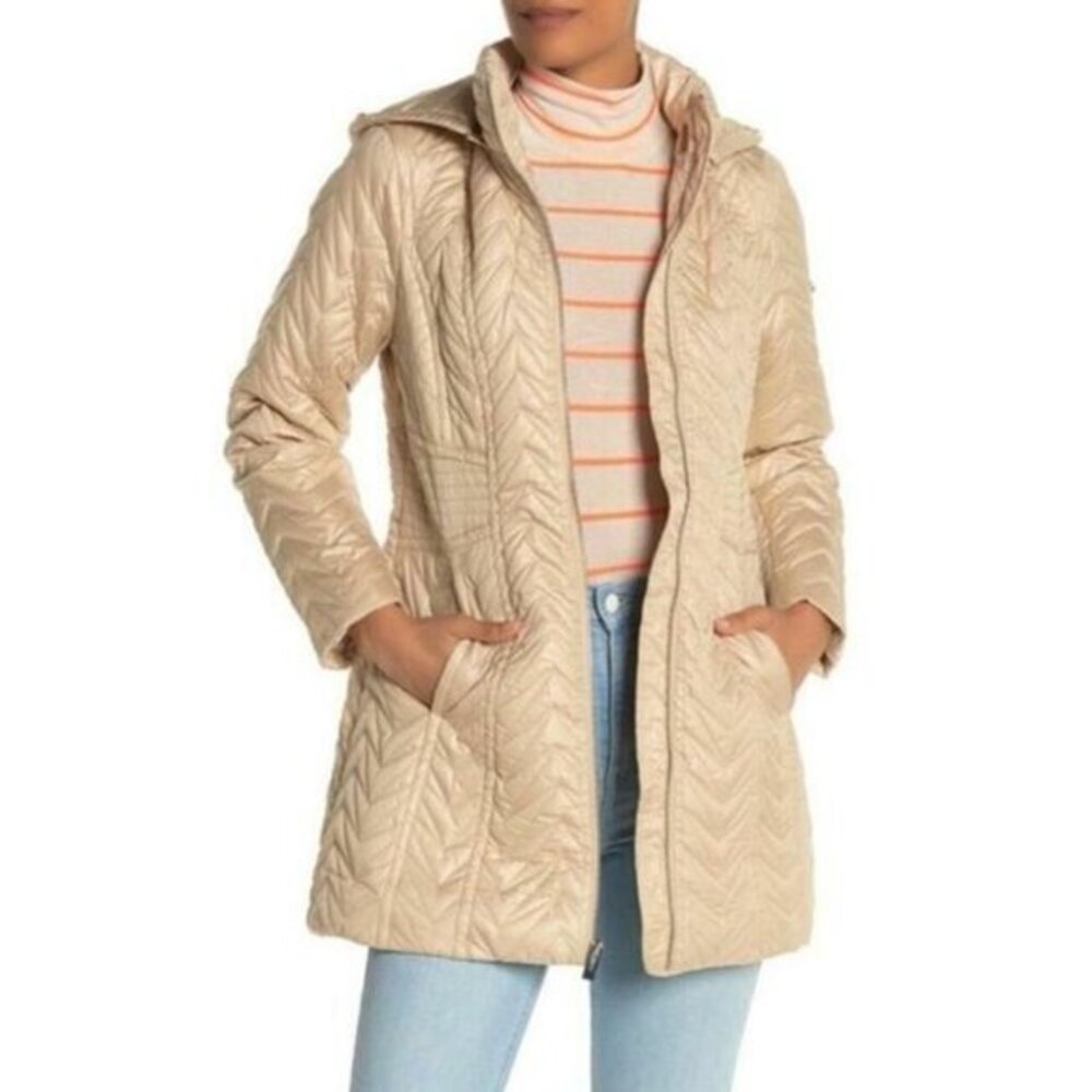Via Spiga Zigzag Quilted Mid-Length Puffer Jacket Detachable Hood SZ XS NWT